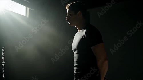 Dramatic Portrait of a Man in a Dark Room Lit by a Single Light Source With Visible Light Rays and Dust Particles