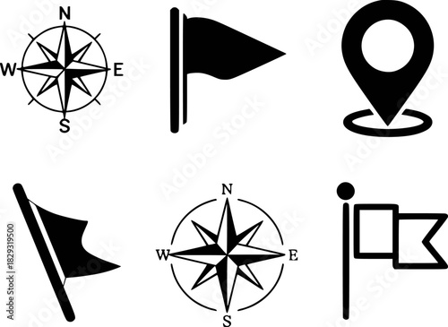 Collection of Navigation and Location Icons: Compass, Flags, and Map Pin