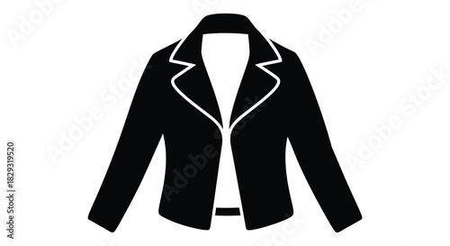 A striking black jacket design is prominently displayed as a clean minimalist silhouette