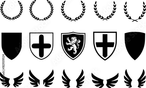 Collection of heraldic symbols: laurel wreaths, shields, and wings