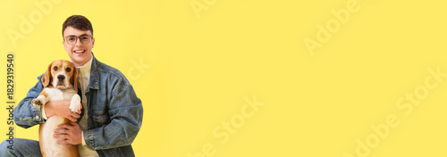 Young man in eyeglasses hugging cute Beagle dog on yellow background