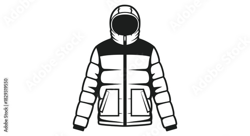 a black and white illustration depicting a hooded puffer jacket design stylish silhouette