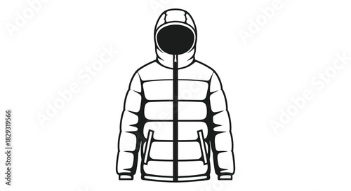 Detailed illustration of a puffy winter jacket front view black and white design silhouette