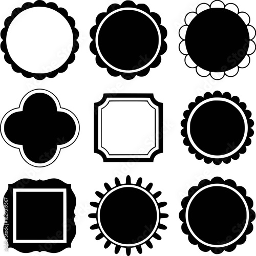 Collection of nine black and white decorative frames and labels