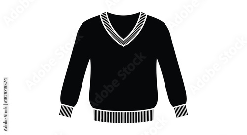 A simple black v neck sweater with detailed trim a flat lay fashion item silhouette