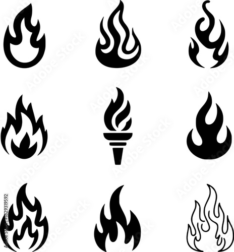 Collection of nine black and white flame and torch icons on a white background