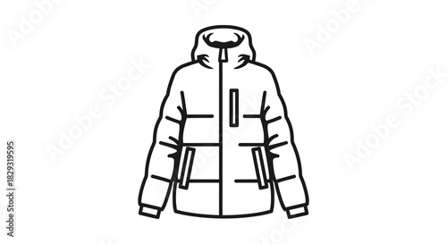 A black and white outline of a hooded winter jacket displayed against a white background silhouette