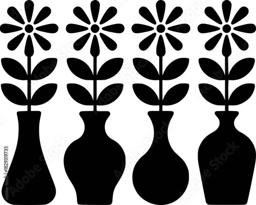 Four Black Silhouette Flowers in Vases with Simple Petals and Leaves