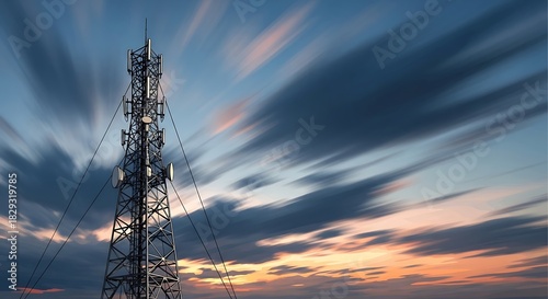 Transmission tower standing tall against vibrant sunset sky with clouds