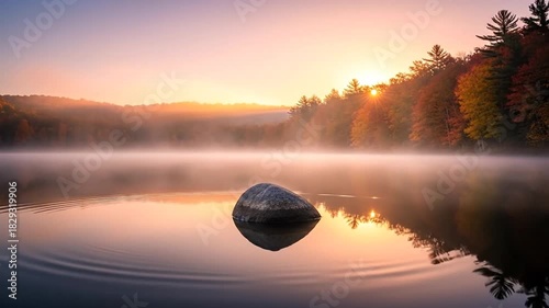 Tranquil Lake Scene with Rock and Colorful Forest in Warm Sunrise Light