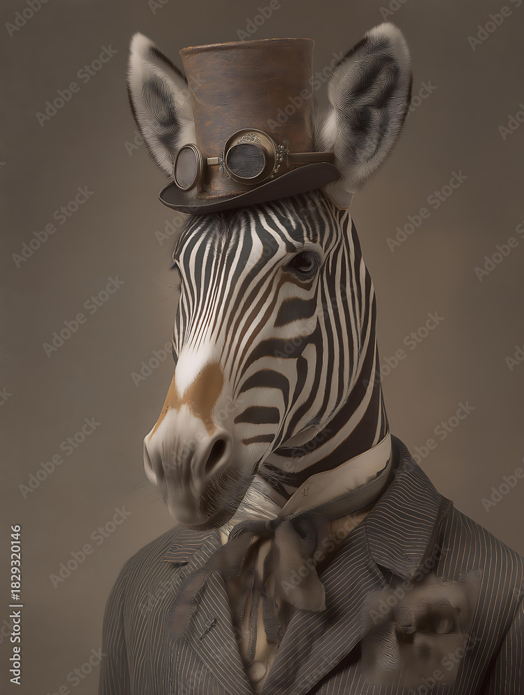 Naklejka premium Steampunk Zebra in Top Hat: Whimsical Animal Portrait in Sartorial Whimsy and Striped Elegance