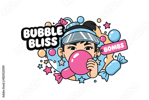 Cute Girl Blowing Bubble Gum Candy Mascot