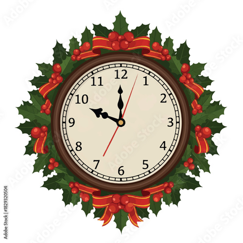 Clock within Festive Wreath: A classic clock is elegantly framed by a vibrant wreath adorned with holly leaves, red ribbons, and berries, symbolizing the passage of time.