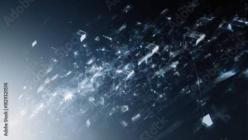 Abstract digital composition of scattered, fragmented, and glowing geometric shapes