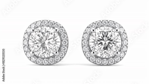 Elegant Diamond Halo Stud Earrings With Round Brilliant Cut Center Stones Set In White Gold On White Background Studio