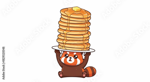 Red Panda Character Balancing a Giant Stack of Fluffy Pancakes Topped with Butter and Syrup, Breakfast Food