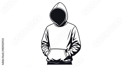 A minimalist illustration of a hooded figure with a blurred face black silhouette