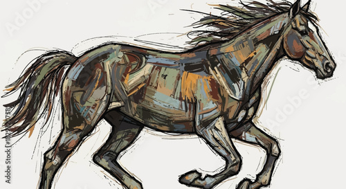 Abstract Sketch of a Running Horse with Grunge Texture