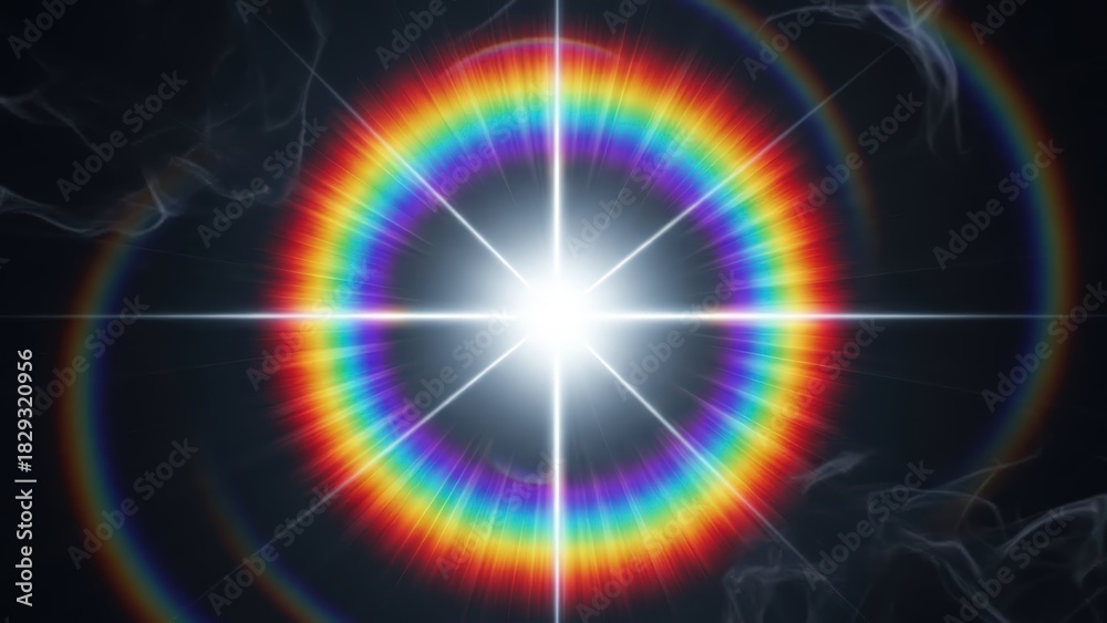 Obraz premium A bright white starburst light with a vibrant rainbow circular lens flare on a dark background.