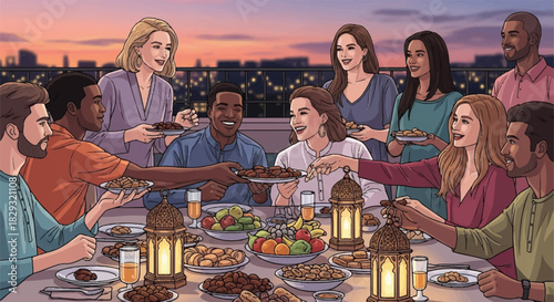 Diverse Group of Friends Enjoying an Outdoor Dinner Party on a Rooftop at Sunset
