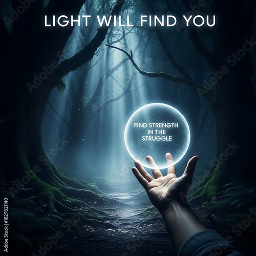 A Hand Holding a Glowing Orb with Inspirational Message in a Misty Forest