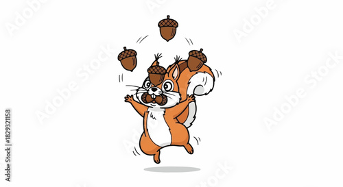 Cheerful Cartoon Squirrel Happily Juggling Acorns in the Air, Energetic Animal Character in Motion