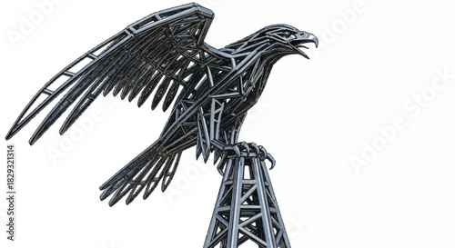 Black Metallic Sculptural Eagle on a White Pedestal