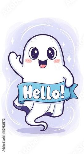 Cartoon ghost character waves hello on white background vector illustration