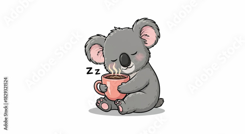 Adorable Baby Koala Holding and Sipping Hot Coffee or Tea from a Pink Mug, Cute Cartoon Animal Character