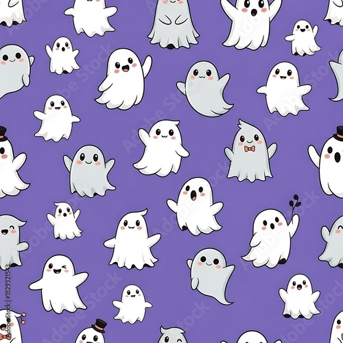 Cartoon ghost characters pattern on purple background for halloween theme