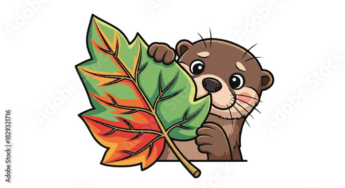Sweet Brown River Otter Character Peeking Out from Behind a Large Textured Green Autumn Leaf, Cartoon Mascot Illustration
