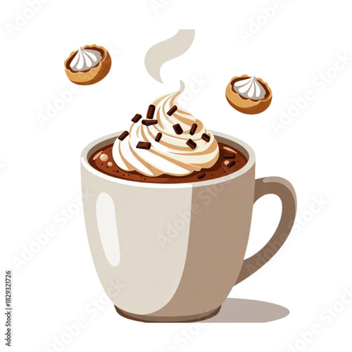 Coffee and cake breakfast illustration with a steaming cup and dessert in a cozy café atmosphere