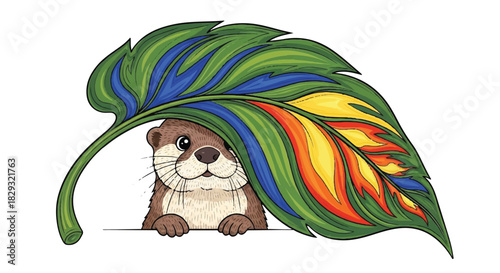 Cute Baby Otter Peeking Shyly from Under a Large Tropical Green and Yellow Leaf, Hand Drawn Cartoon Illustration