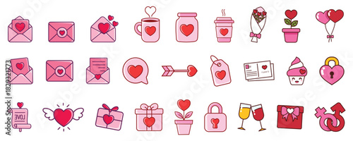 A cute and colorful Valentine’s Day icon set featuring love letters, hearts, flowers, coffee mugs, cupcakes, balloons, arrows, tags, gifts, locks, and romantic symbols. Perfect for stickers, greeting 