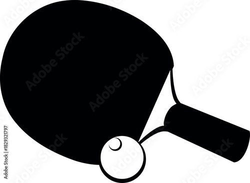 Black silhouette of a ping pong paddle and ball on white background