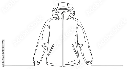 A minimalist single line drawing of a hooded jacket emphasizing form and outline silhouette