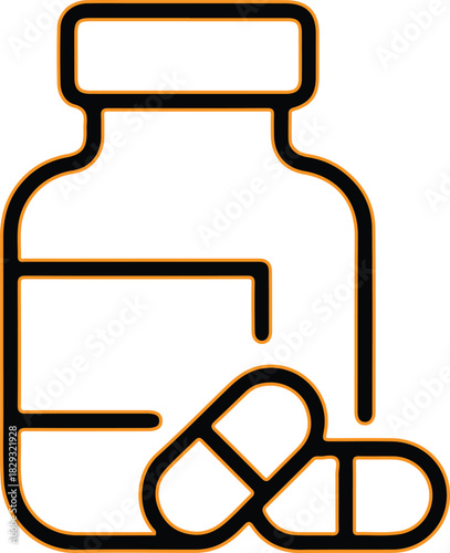 Medicine bottle and pills icon for healthcare and pharmacy