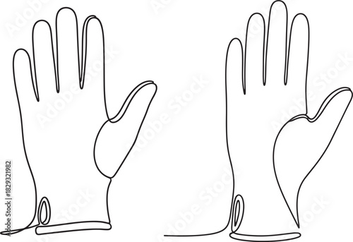 Line drawing of two open hands wearing protective gloves on a white background