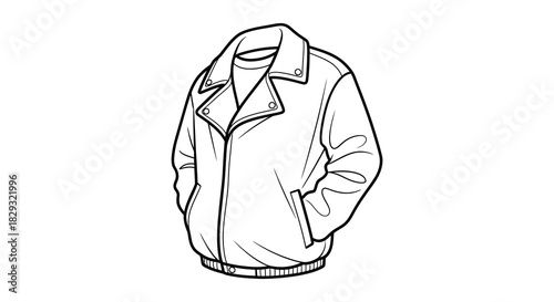 A detailed line drawing depicts a classic leather jacket hanging simple and elegant silhouette