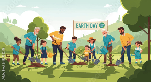 Diverse Group of People Planting Trees and Gardening for Earth Day Celebration