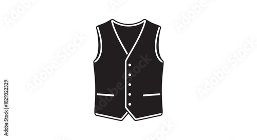 A simple black vest graphic showcasing its classic design and button details silhouette