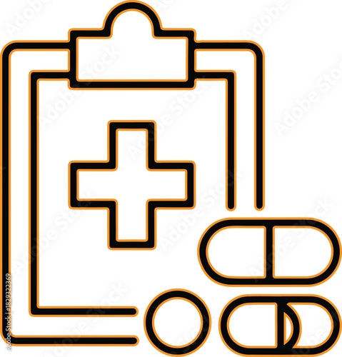 Medical clipboard with prescription pills icon