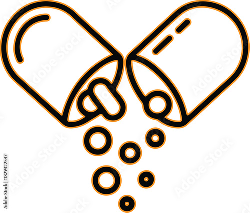 Open capsule releasing small pills and powder