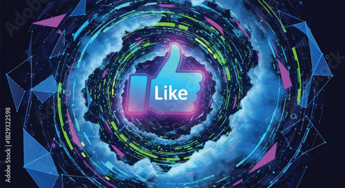 Abstract 3D Digital Thumb Up Like Icon in a Tunnel of Spiraling Neon Light