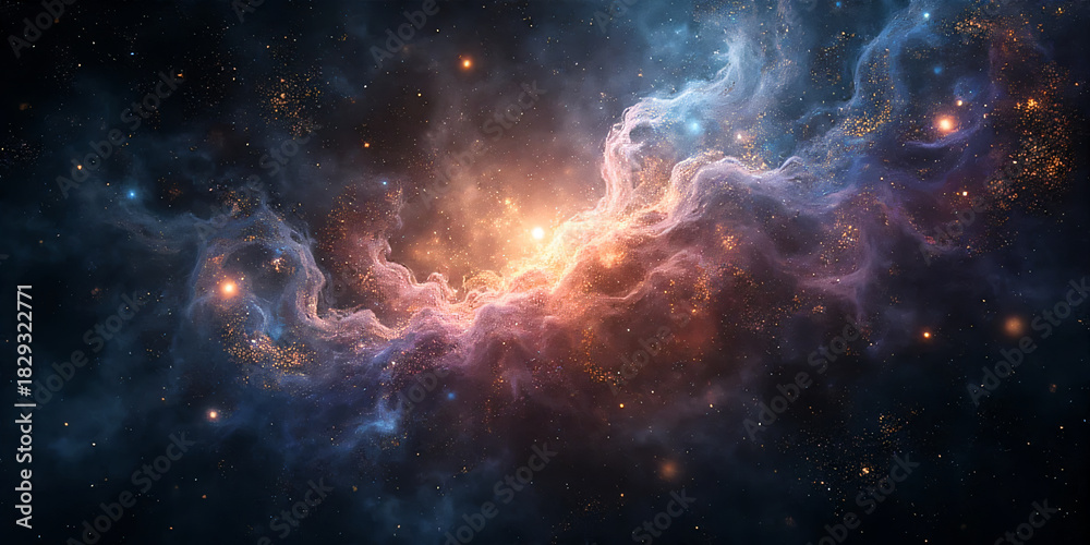 Fototapeta premium Cosmic dust cloud nebula glowing particles glitter deep space