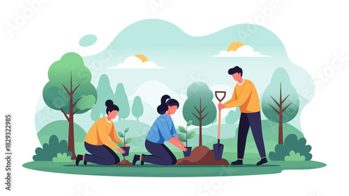 Volunteers Planting Trees Together Outdoors for Environmental Conservation and Gardening
