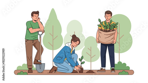 Diverse Volunteers Planting Trees Outdoors for Reforestation and Environmental Conservation Effort