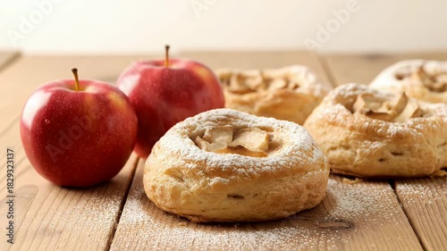 Red Apples And Baked Pastries Dusted With Powdered Sugar On A Wooden Table