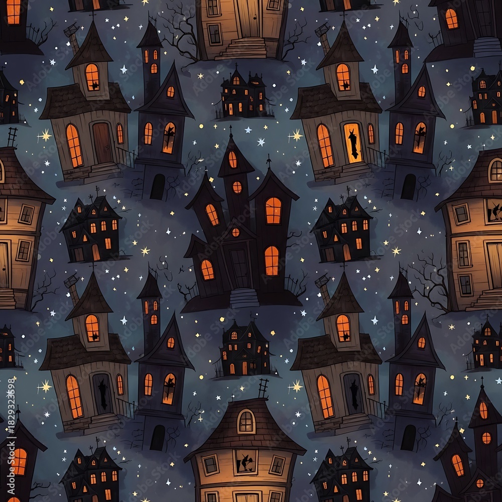 Cartoon halloween houses pattern against a dark night sky background