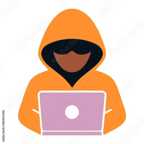 Anonymous hacker in orange hoodie using laptop